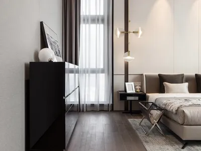 Modern bedroom interior featuring floor wood, fabric, and glass materials.