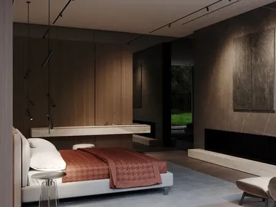 Modern minimalist bedroom with a marble floor and wooden accents.