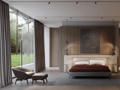 Modern minimalist bedroom featuring wooden walls and a large window overlooking a forest