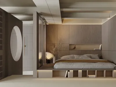 Minimalist bedroom featuring wood walls, a floating bed platform, and a shelf with decorative elements.
