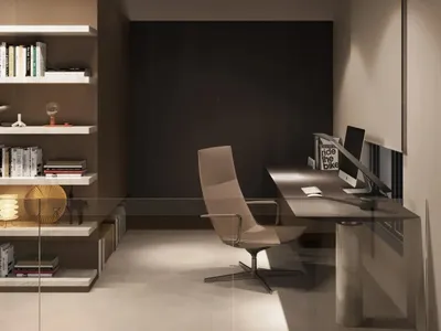 一間現代家居辦公室，設有玻璃牆，搭配簡約設計與俐落當代家具。