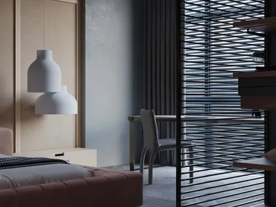 A modern minimalist bedroom with a single bed, white pendant lights, and a black lattice divider.