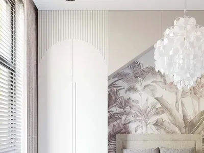 A modern bedroom featuring a neutral color palette, a white bed with patterned bedding, and a large window with blinds.