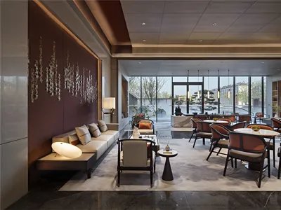A modern restaurant seating area with glass tables, wooden chairs, and a sleek, smooth floor.