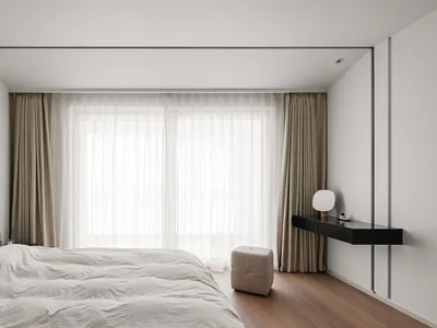 A minimalist bedroom with white curtains, wooden floor, and a modern bed.