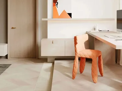 A modern home office featuring wooden furniture, a minimalist desk, and a unique upholstered chair with a contemporary design
