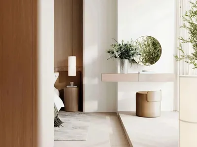 A modern minimalist bedroom featuring wooden furniture and greenery.