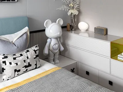 Minimalist bedroom featuring a cotton bed, glass vase, and wooden furniture.