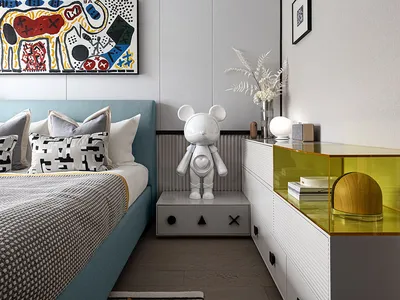 Modern minimalist bedroom with wooden furniture, glass tile accents, and abstract art.