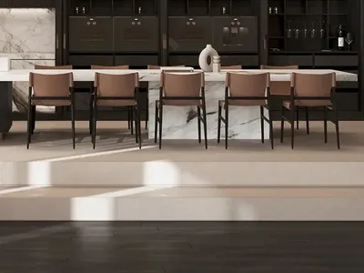 A modern interior design featuring a marble kitchen with black cabinets and contemporary lighting.