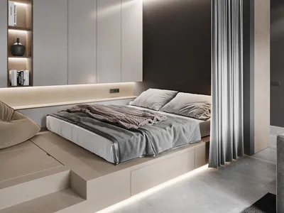 Modern minimalist bedroom with wood accents and glass panels.