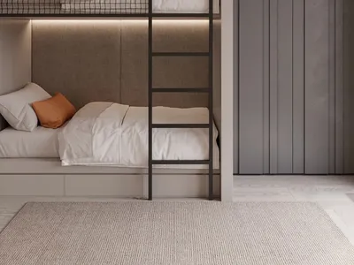 Modern bunk bed with minimalist design and contemporary furniture in a bedroom