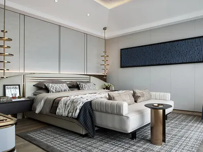 A modern minimalist bedroom featuring a sleek bed and matching furniture.