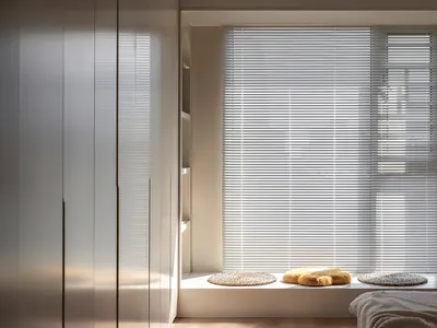 Minimalist bedroom with wooden blinds and plush cushions.