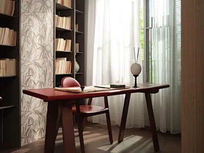 A contemporary home office featuring a wooden desk and chair, surrounded by bookshelves filled with books and decorative item