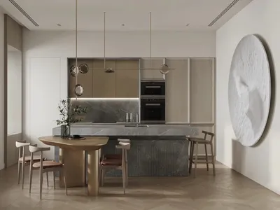 Modern kitchen featuring wooden furniture, marble countertops, and metal accents