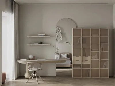 Minimalist bedroom with neutral-toned furniture, floating shelves, large mirror, and a large bookshelf.