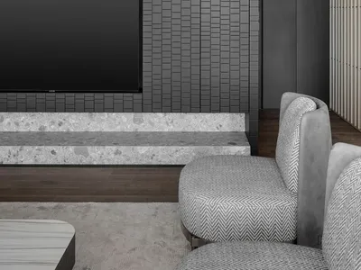 Industrial-style living room featuring concrete walls and marble floor.