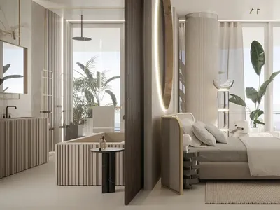 A modern, luxurious bedroom featuring minimalistic furniture, large windows with a view of the ocean, and potted plants addin