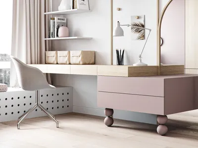A minimalist home office featuring a white wooden desk with a white fabric chair and a modern lamp.