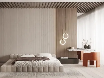 A minimalist bedroom with a modern bed, wood-paneled walls, and contemporary lighting fixtures.