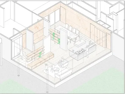 工業風住宅廚房剖面圖，呈現木質元素。