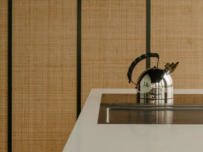 Minimalist kitchen counter featuring a shiny metallic kettle.
