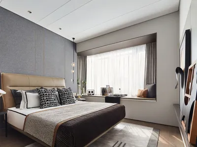 A modern bedroom featuring a bed with fabric upholstery, wooden headboard, and metal accents, situated next to a window with
