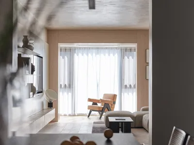 A minimalist living room featuring contemporary accessories with neutral-toned cushions.