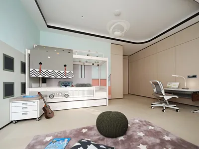 A modern child room with a white bunk bed, study area, and decorative elements.