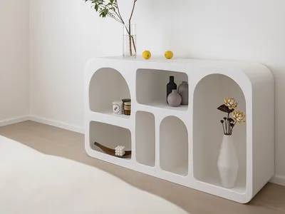 Minimalist bedroom featuring white stone and concrete surfaces and minimalist decor.