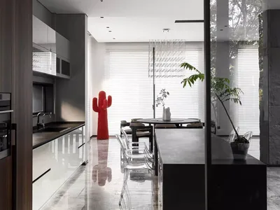 Modern kitchen with marble countertops and dining area with concrete floor and plants.