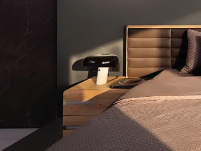 Modern minimalist bedroom featuring marble and leather finishes