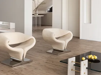 Minimalist living room with wood, concrete, and metal elements