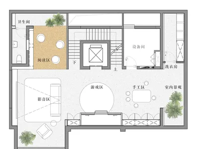 住宅客廳平面圖，包含混凝土休憩區、閱讀區及其他功能空間。