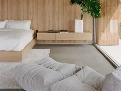 Minimalist bedroom with wooden walls, concrete floor, and green plant