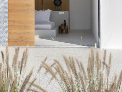 A minimalist bedroom with concrete flooring and wood accents