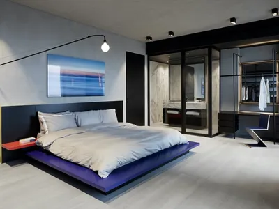 Modern minimalist bedroom with a wooden platform bed and glass accents