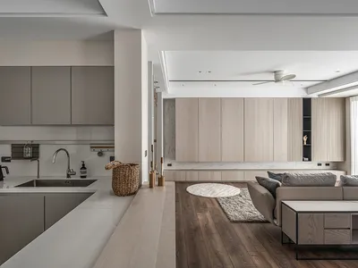 Modern, minimalist residential kitchen featuring light wood cabinets and sleek, clean lines.