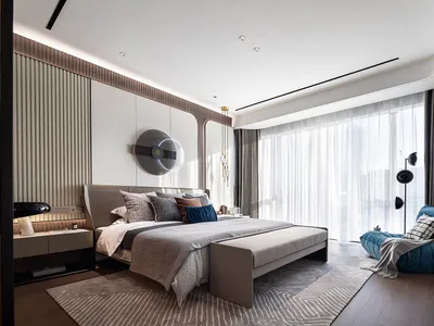 A modern bedroom featuring fabric elements and contemporary design.
