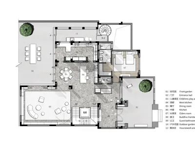 A minimalist living room with concrete walls and flooring, featuring a small dining area, a living space with a sofa and chai