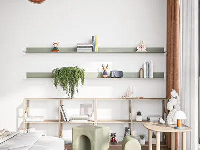 A modern minimalist bedroom with floating shelves, white walls, and a mix of wooden, textile, and metal materials.
