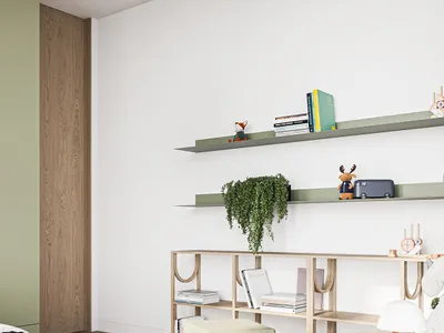 Modern children's bedroom with wooden shelves, green and white furniture, and a plant.