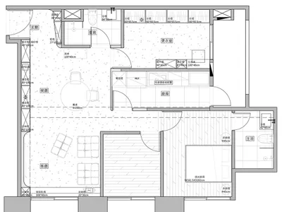 一張詳細的現代廚房平面圖，展示整合式家電與中央島台。