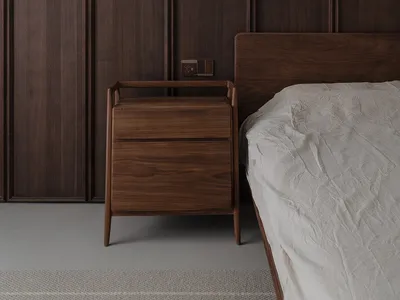 A minimalist bedroom featuring wooden furniture and a grey floor.