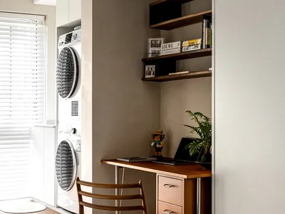 A minimalist home office setup with a wooden desk and chair, featuring a small shelf with books and plants, a clothes wardrob