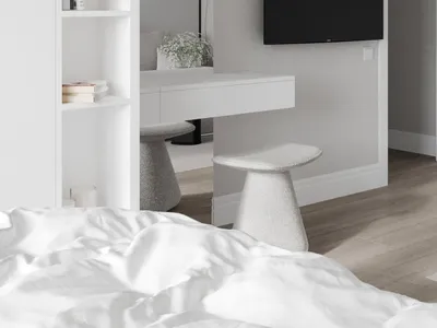 A minimalist bedroom with white walls, light wood floor, and a white bookshelf.