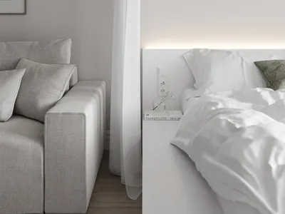 A minimalist bedroom featuring a bed with white bedding and a gray sofa against a plain wall with a white curtain and floor l
