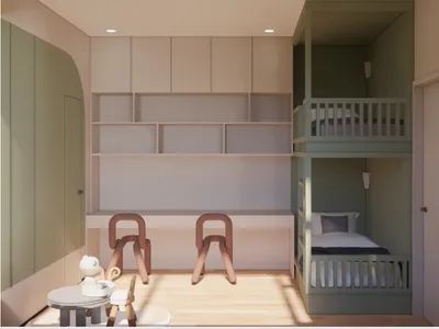 Modern minimalist children's bedroom with bunk beds and storage shelves.