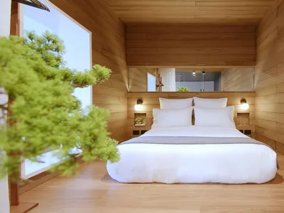 A minimalist bedroom with wooden walls and a large window.